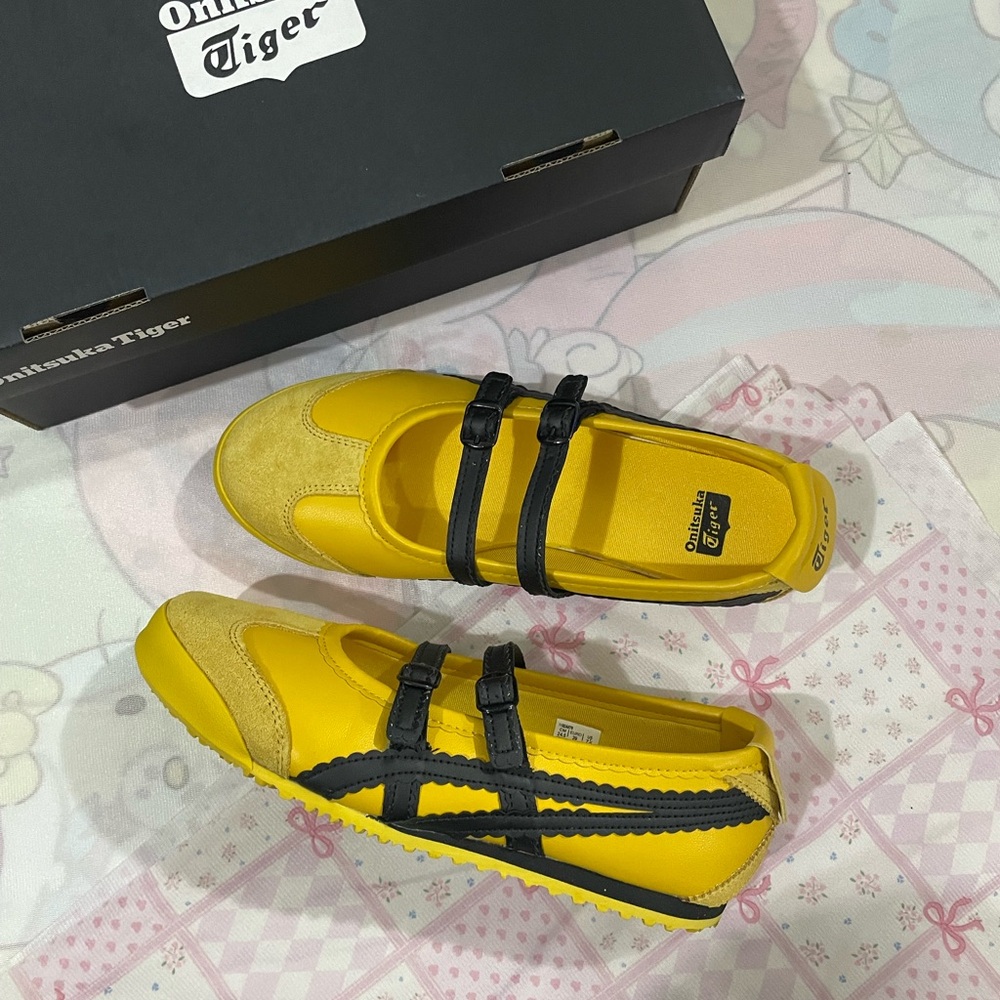 Onitsuka Tiger by Asics Yellow Mary Jane Sneakers with Black Stripes